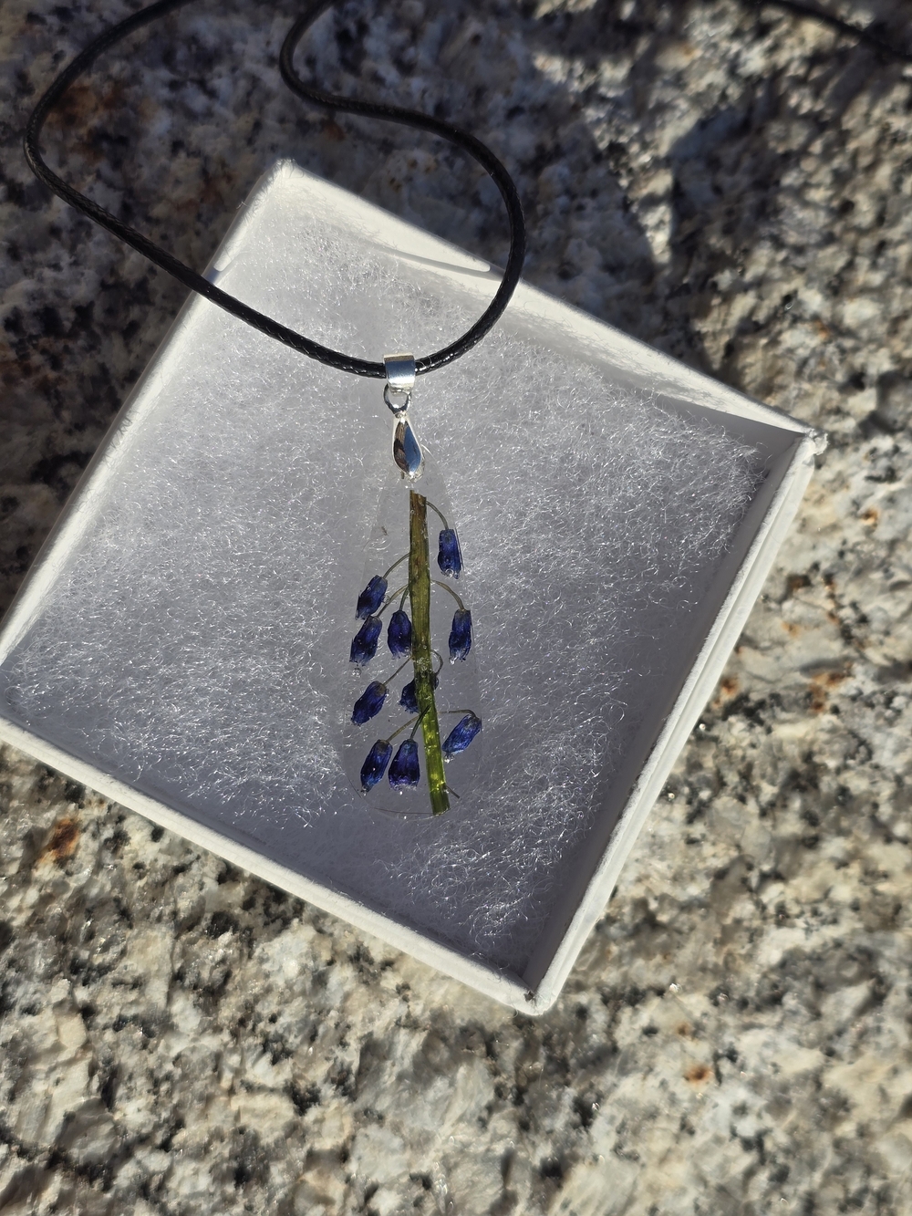 Blue Floral Resin Pendant Necklace with Black Cord - Women Jewelry